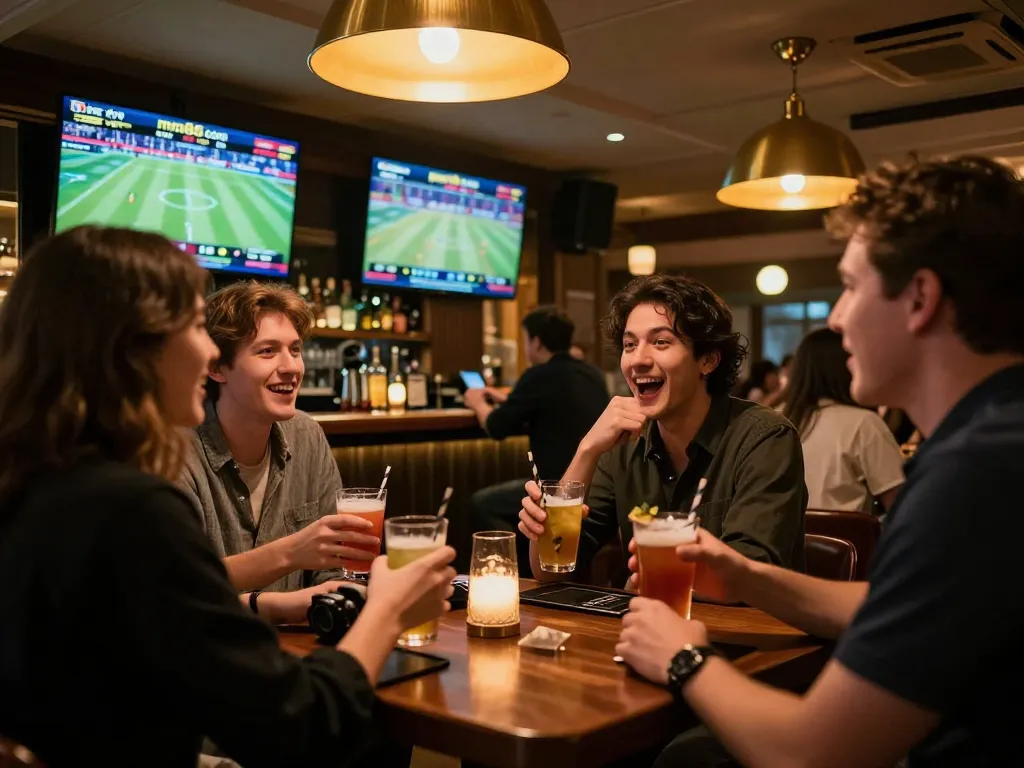 Engaged group strategizing live bets on mm88 com in a vibrant sports bar atmosphere.