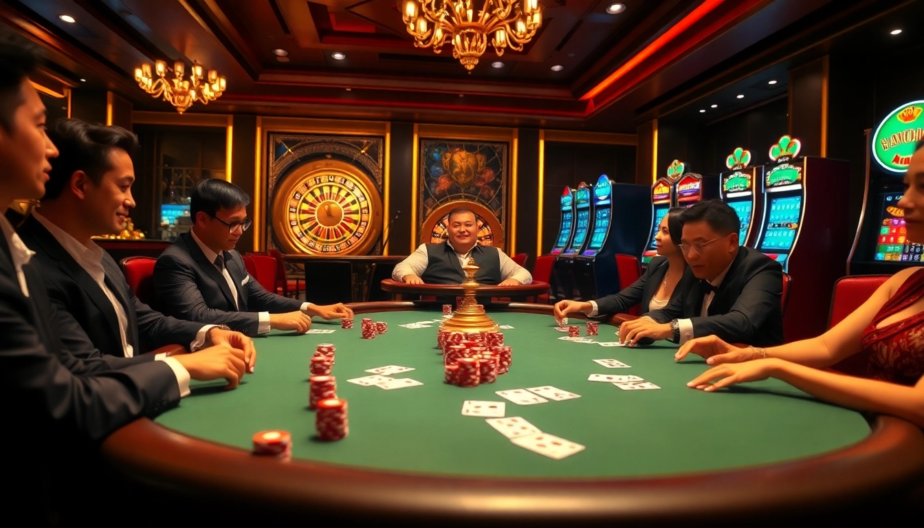 Engaging poker game showcasing liên minh kjc with vibrant chips and cards in a luxurious casino.