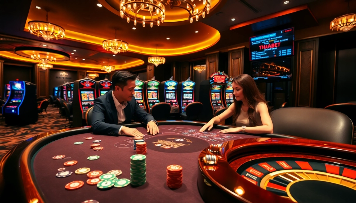 Players enjoying a THABET poker game amid vibrant casino excitement.