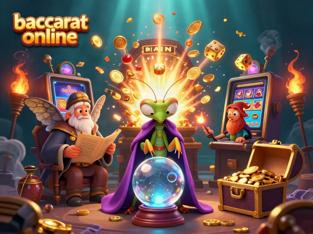 Experience baccarat online with a mystical praying mantis fortune teller and a wise moth librarian amidst vibrant casino elements.