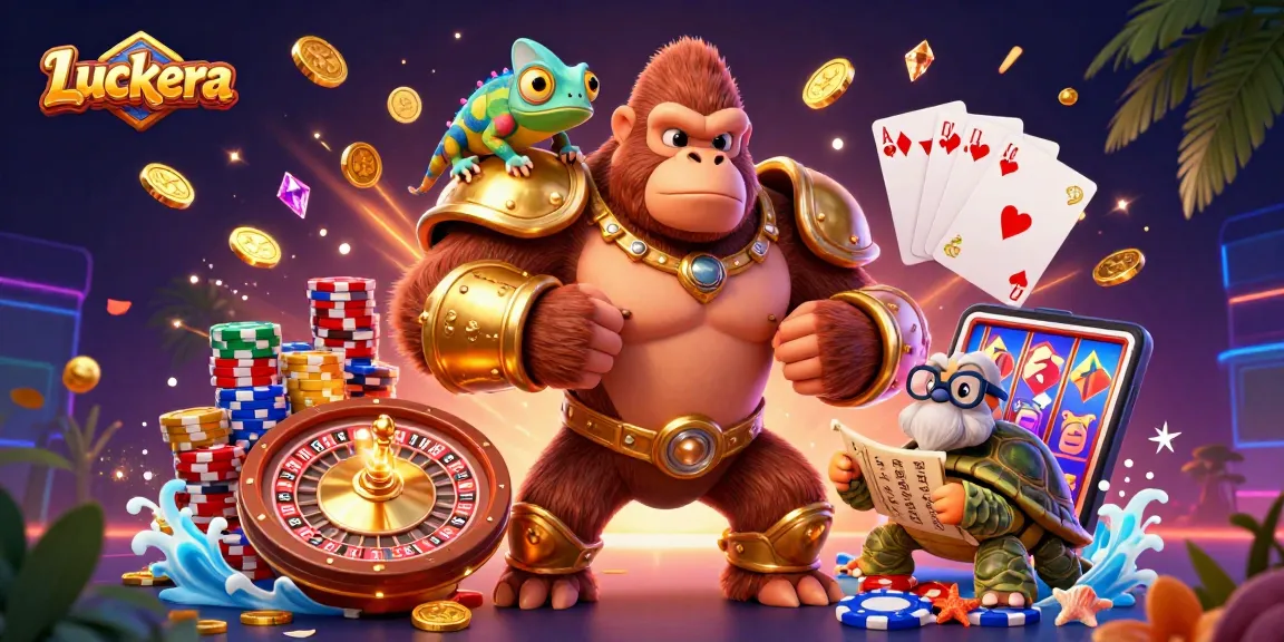 Luckera engages players with dynamic casino action featuring gold coins, roulette, and a powerful gorilla.