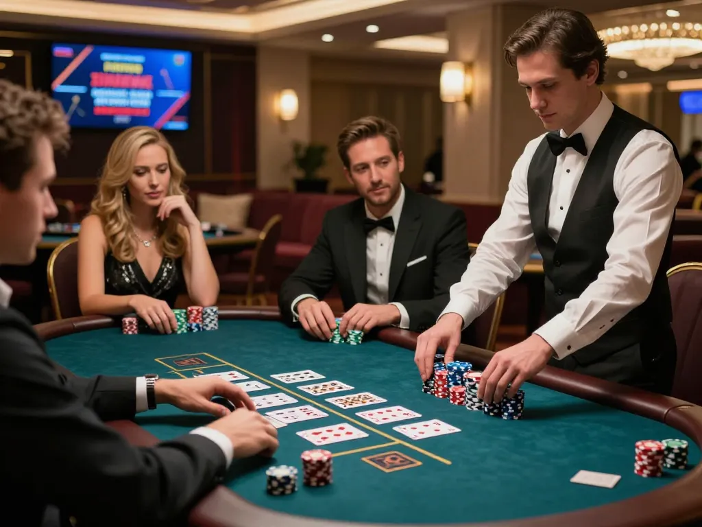 Engaged players enjoying free credit baccarat at a luxurious casino table with a focused dealer, showcasing high stakes and excitement.