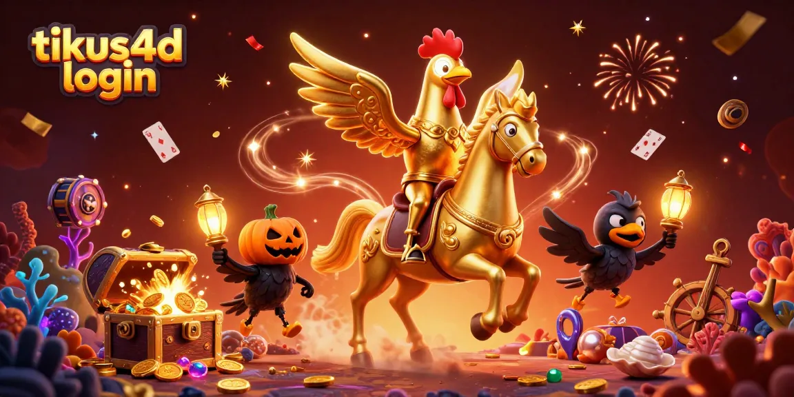 Engage with tikus4d login's vibrant casino scene featuring a golden rooster and floating slot reels.