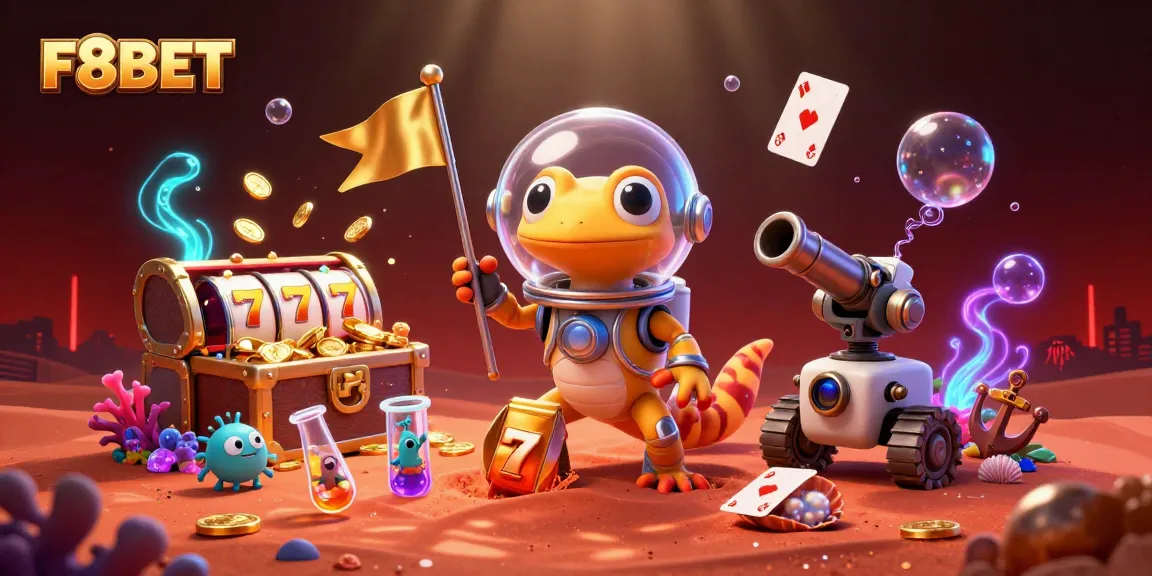 Experience the thrill of F8BET as the Martian gecko discovers slots and treasures in a vibrant casino landscape.