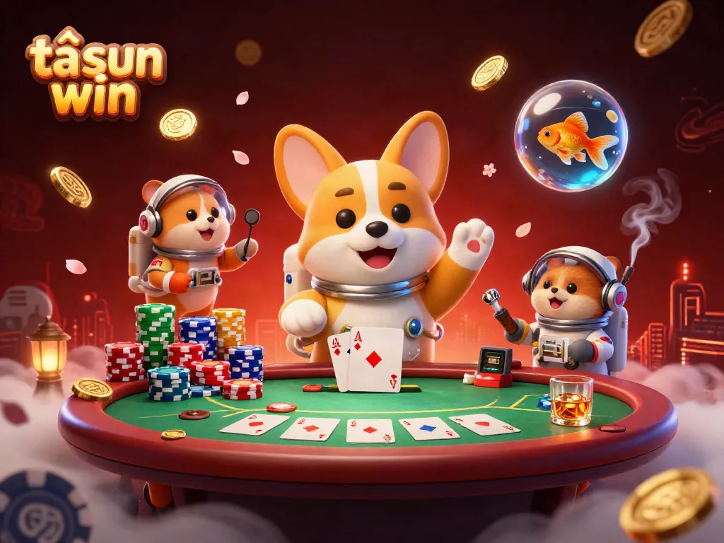 Experience the thrilling world of gambling with tải sun win, featuring a space-themed casino and characters enjoying poker.