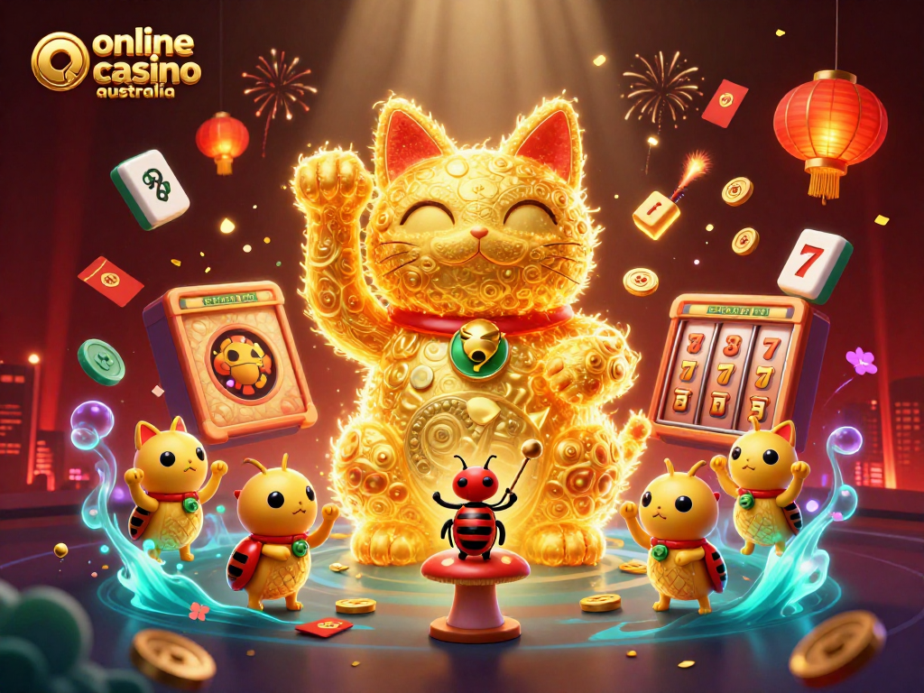 Engaging illustration of an online casino Australia scene featuring a lucky cat made of fireflies and vibrant casino symbols.