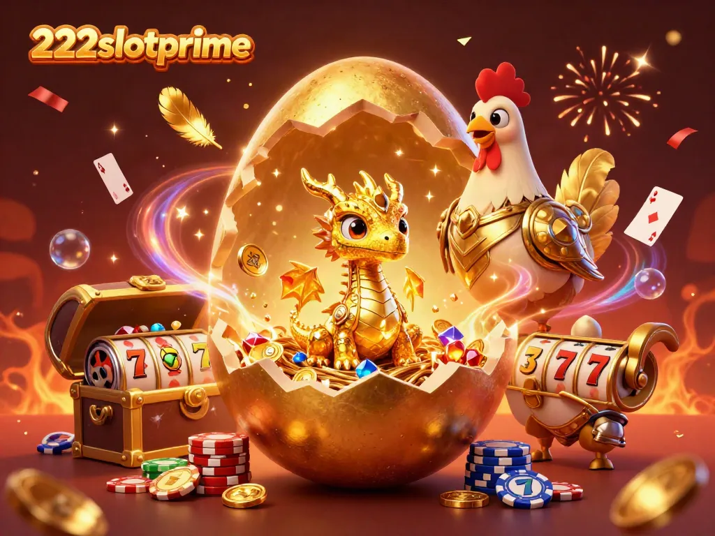 Gambarkan permainan slot menyenangkan dengan 222slotprime, terlihat naga emas dan peti harta karun berisi koin emas.