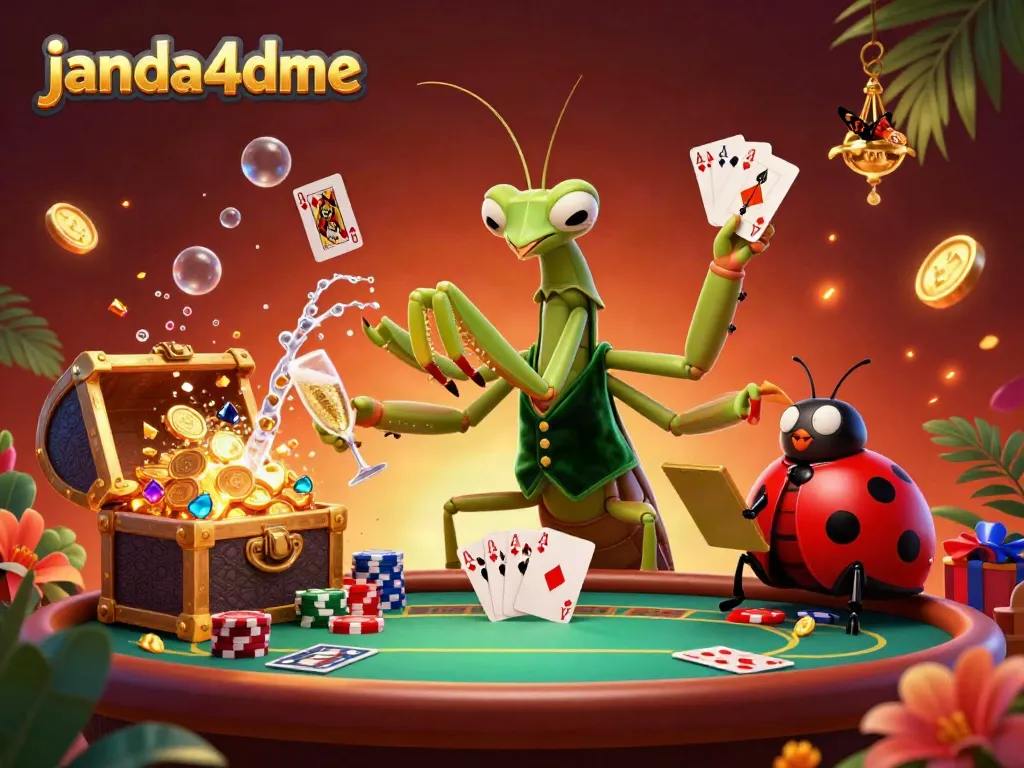 Gambarlah suasana kasino dengan janda4dme yang penuh warna dan kartu poker dengan tangan royal flush.