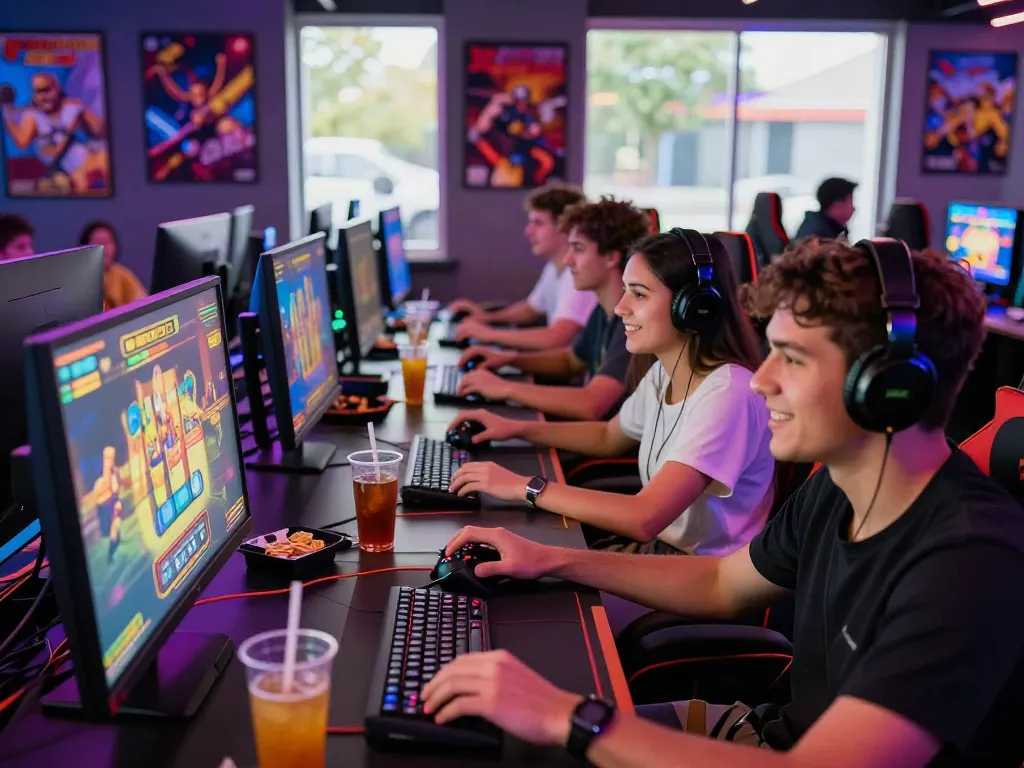 Friends enjoying akunjp slot games at a lively gaming cafe.