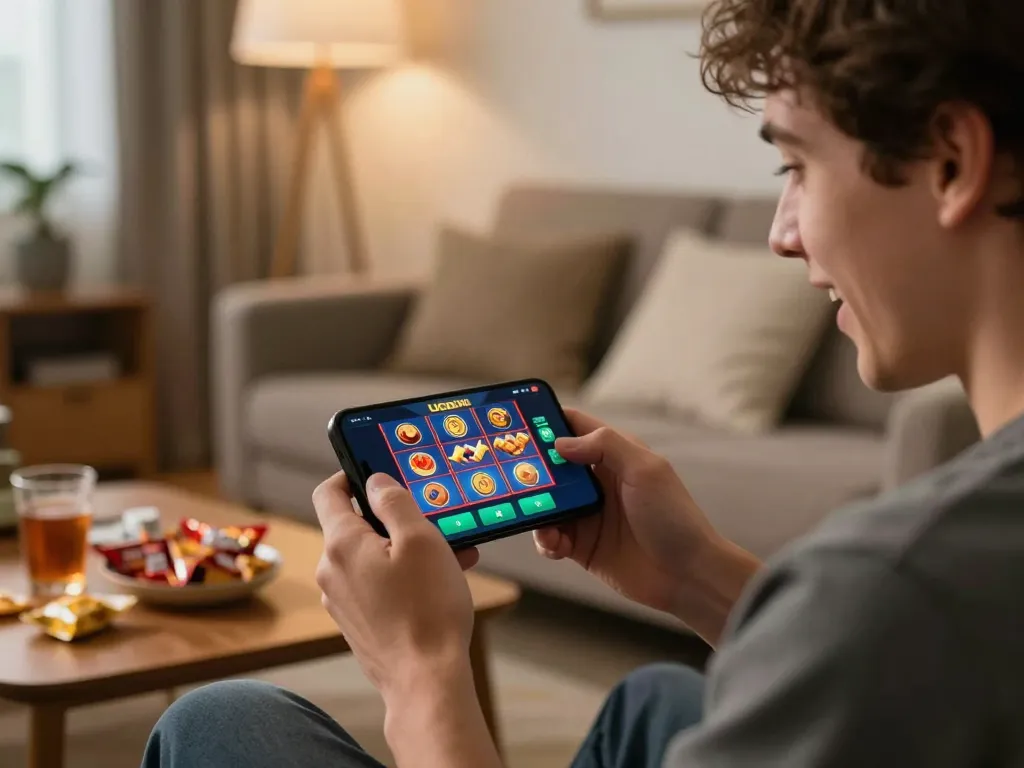 Engaged player enjoying UGDEWA slots on smartphone in cozy home setting.