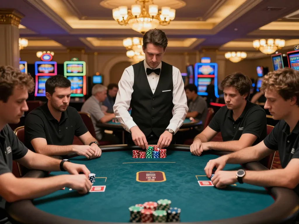 Players expertly strategize their bets at a vibrant poker game, representing the excitement of 789F's top-tier gambling experience.