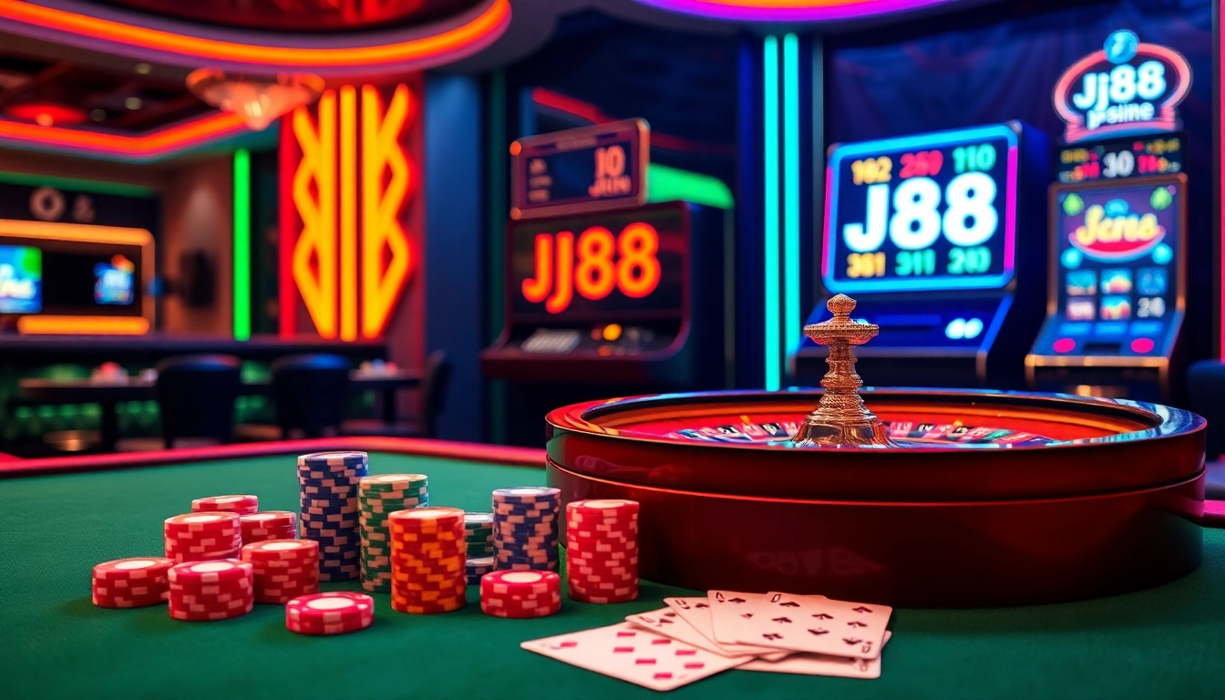 Experience thrilling wins at j88 casino with vibrant poker chips and roulette action.
