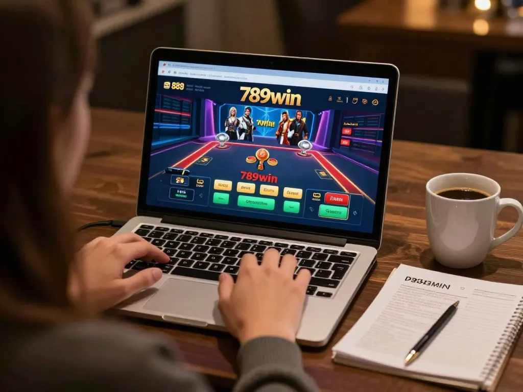 Engaging in gameplay on 789win online casino platform, highlighting strategic betting with laptop and notes.