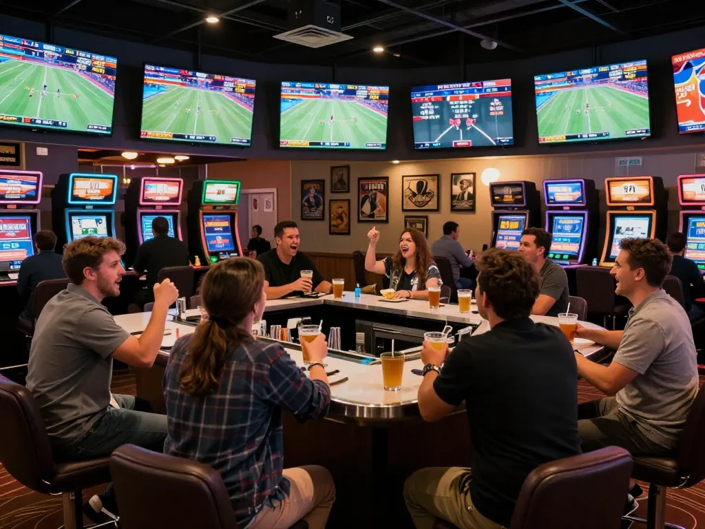 F168 sports bettors celebrating wins in a vibrant casino environment with live screens and camaraderie
