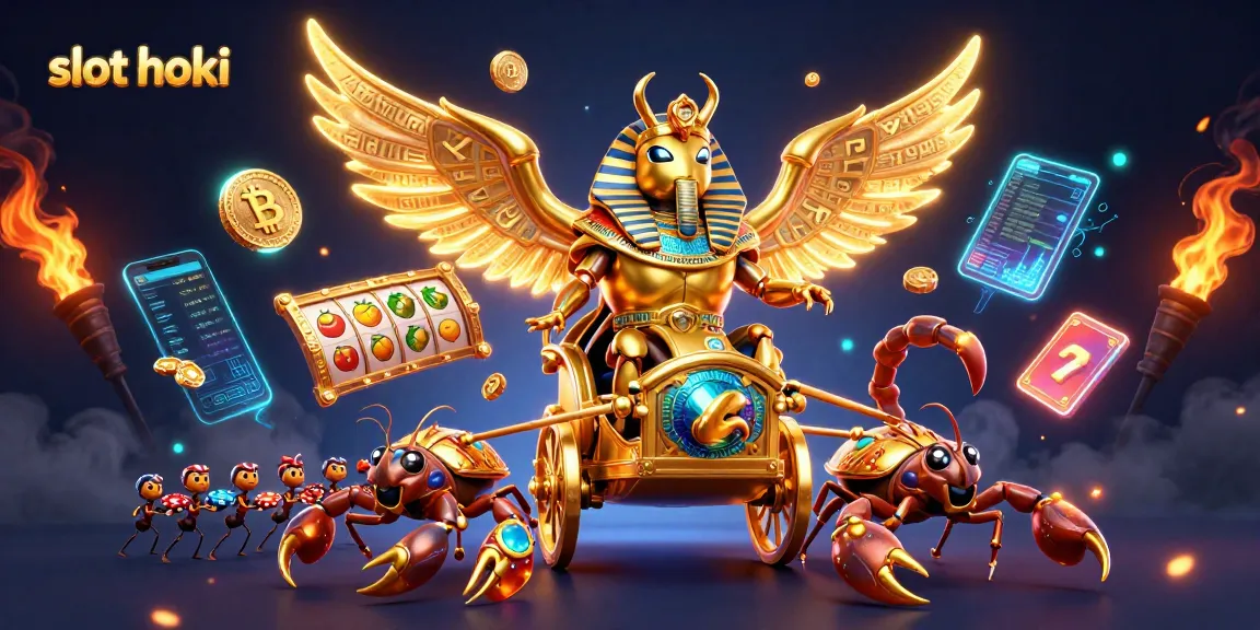 Experience slot hoki with a thrilling 3D scene featuring vibrant slots, golden scarabs, and cryptocurrency elements