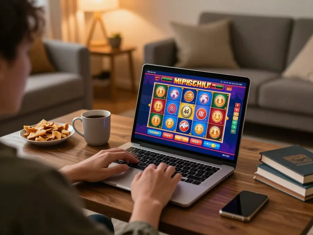 Engaging in Canadian online casinos gameplay on a laptop at home, showcasing vibrant interfaces and a cozy setting.