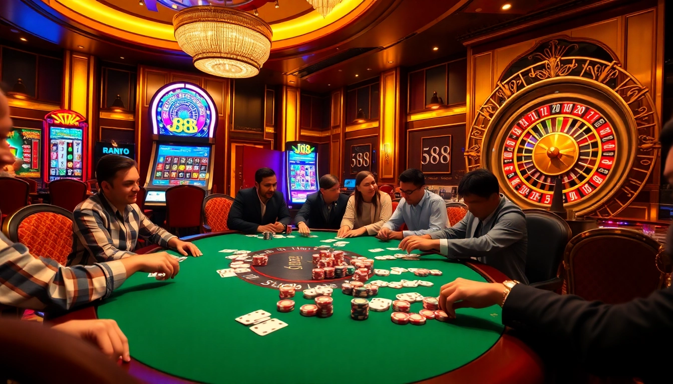 Players enjoying thrilling poker action at the j88 casino with colorful chips and cards.