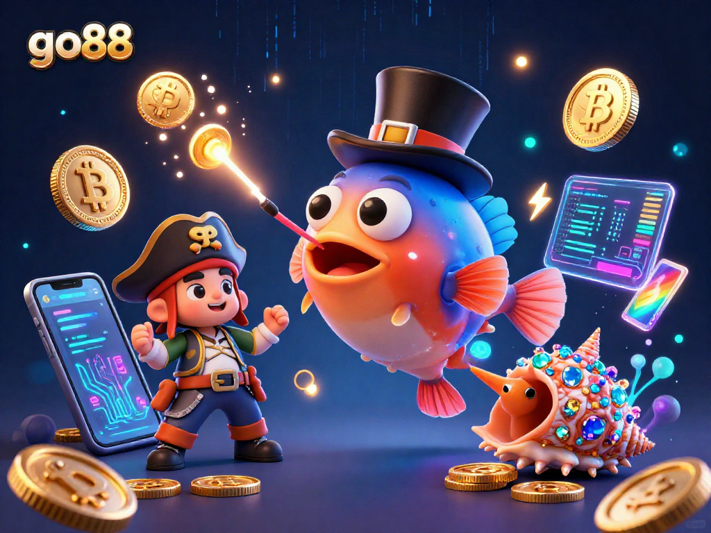 Engage with go88 featuring an animated anglerfish attracting crypto coins in a vibrant underwater world.