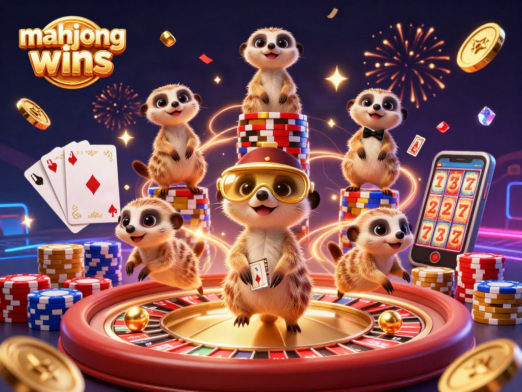 Experience mahjong wins with a vibrant casino scene featuring meerkats, roulette, and festive elements.