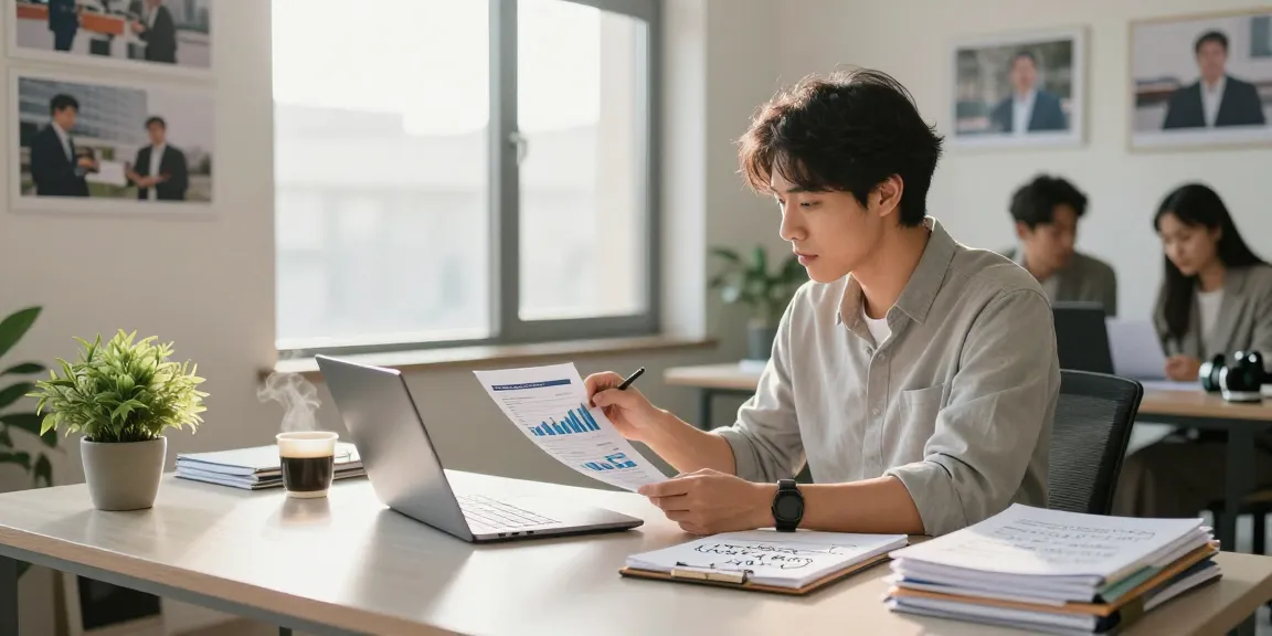 Focused business owner reviewing strategies to sell a small business in a bright office.