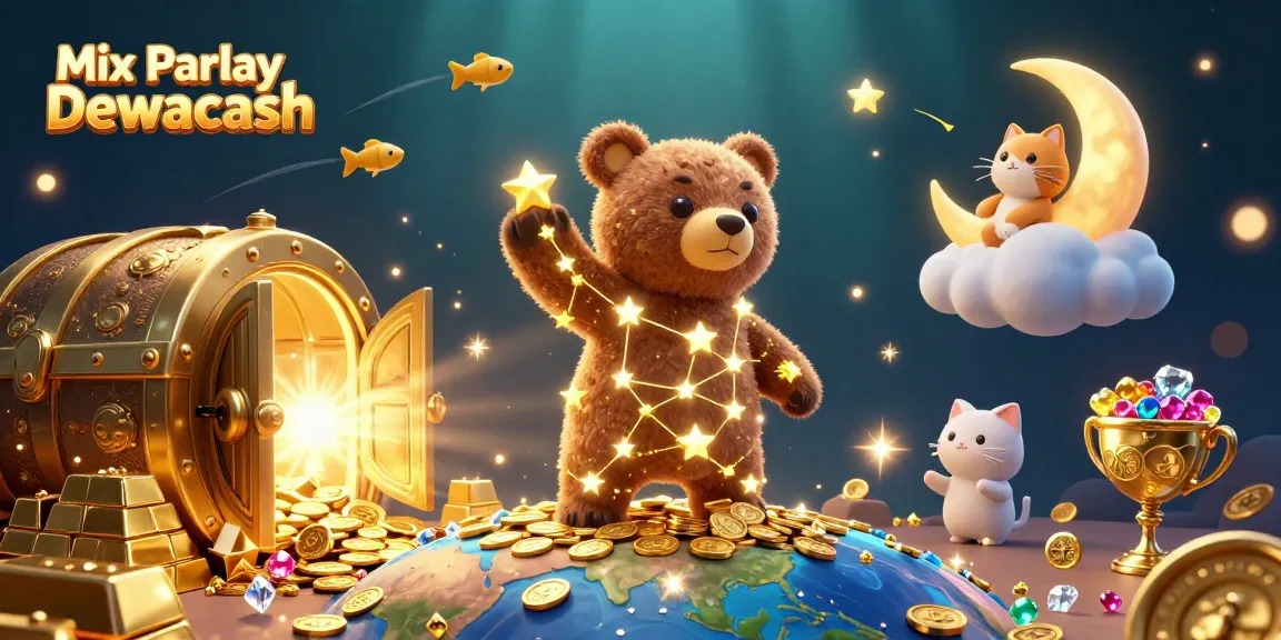 Engage in exciting Mix Parlay Dewacash action with a dazzling 3D casino illustration showcasing stellar characters.