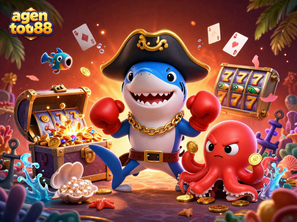 Engage with agen toto88 while experiencing a vibrant casino world led by a cartoon shark, pufferfish, and octopus.