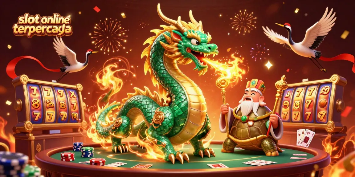Experience thrilling spins with slot online terpercaya in this vibrant casino scene featuring dragons and lucky symbols.