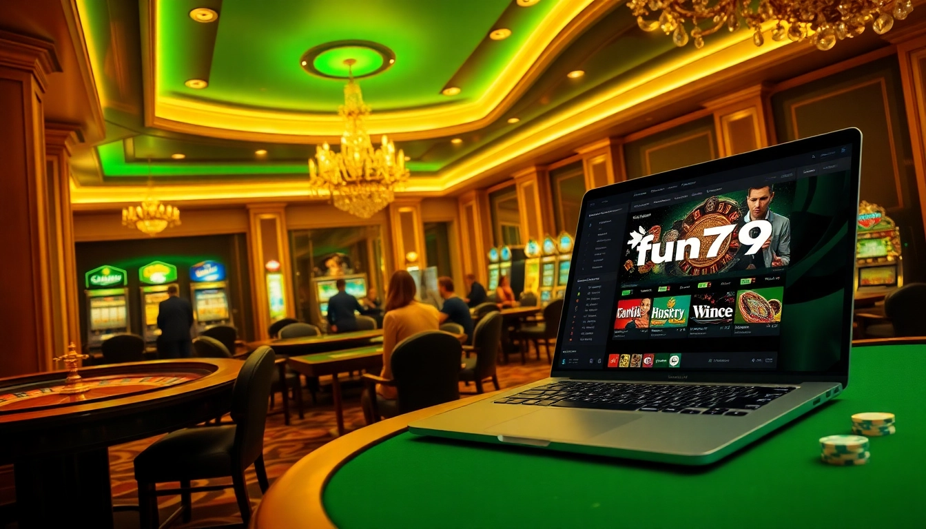 Players enjoying a thrilling game experience on the fun79 online casino platform, surrounded by vibrant gambling elements.