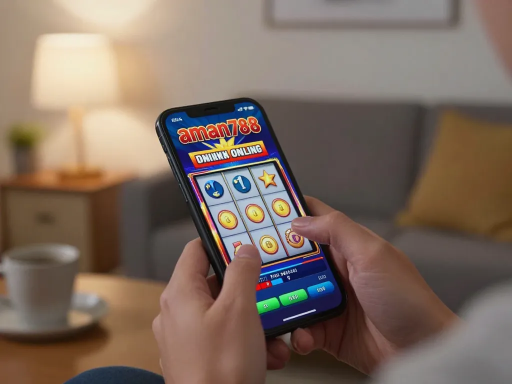 Terlibat dalam permainan aman788 slot online di smartphone dengan grafik berwarna-warni dan semangat yang penuh vibrasi.