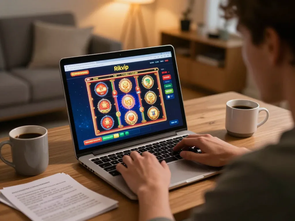 Engaging with online slots at Rikvip, demonstrating effective betting strategies in a cozy home setup.