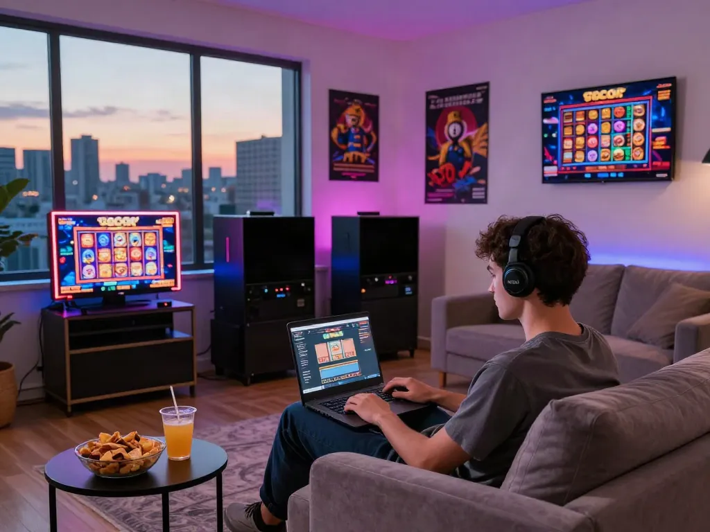 Player enjoying SLOT GACOR games in a stylish living room, showcasing online gaming excitement.