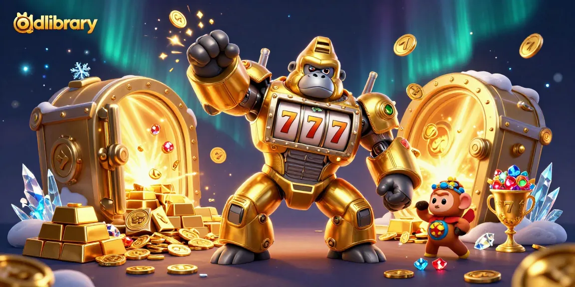 oldlibrary showcases a thrilling golden gorilla mech among dazzling casino treasures, capturing excitement and luck!