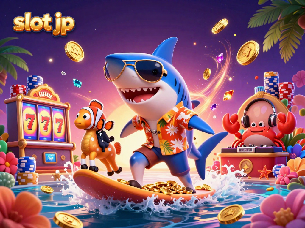 Experience thrilling action with slot jp as a shark surfs on gold coins with lively casino elements.