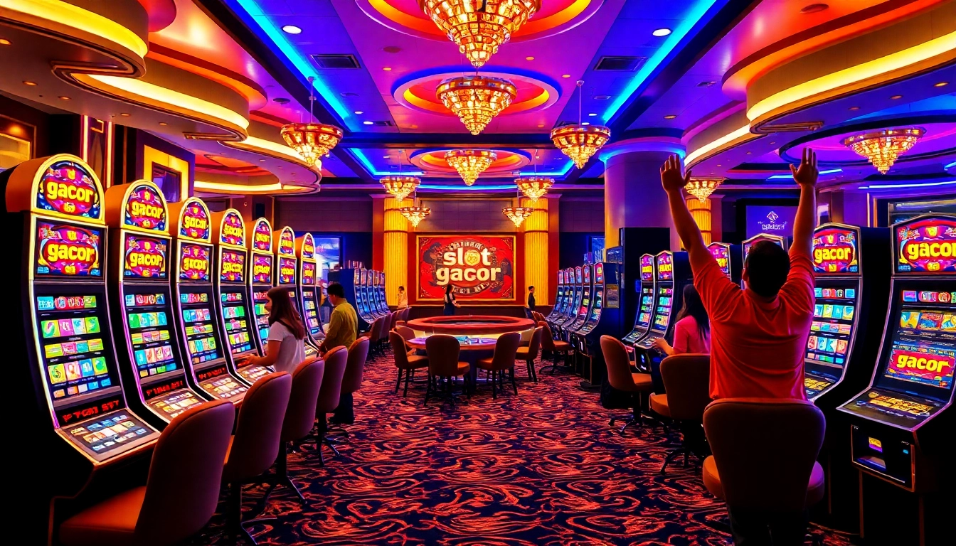 A lively casino scene featuring slot gacor machines, glowing lights, and excited players celebrating wins.