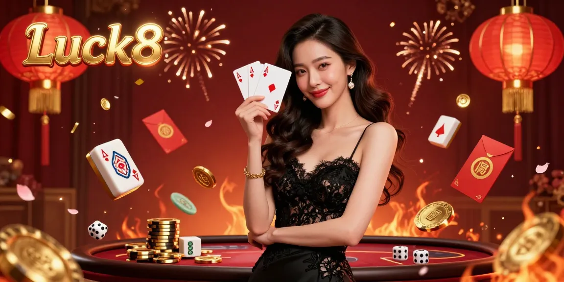 Experience thrilling gameplay at Luck8 with an elegant Asian woman showcasing poker cards amidst a rich casino atmosphere.