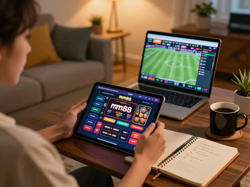 Player enjoying mm88 online gaming experience on tablet in cozy home setting, focusing on strategic bets.