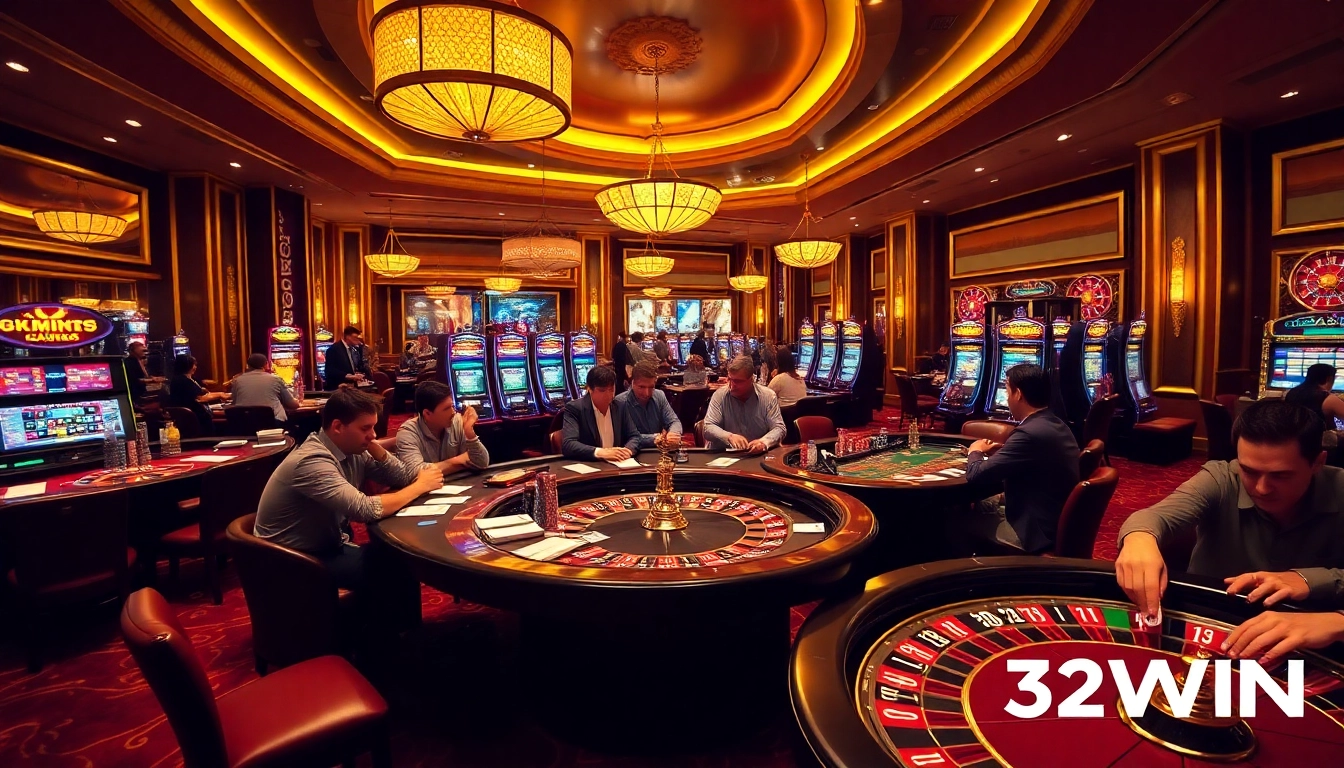 32WIN casino players enjoying poker at high-stakes tables with vibrant lights and excitement.