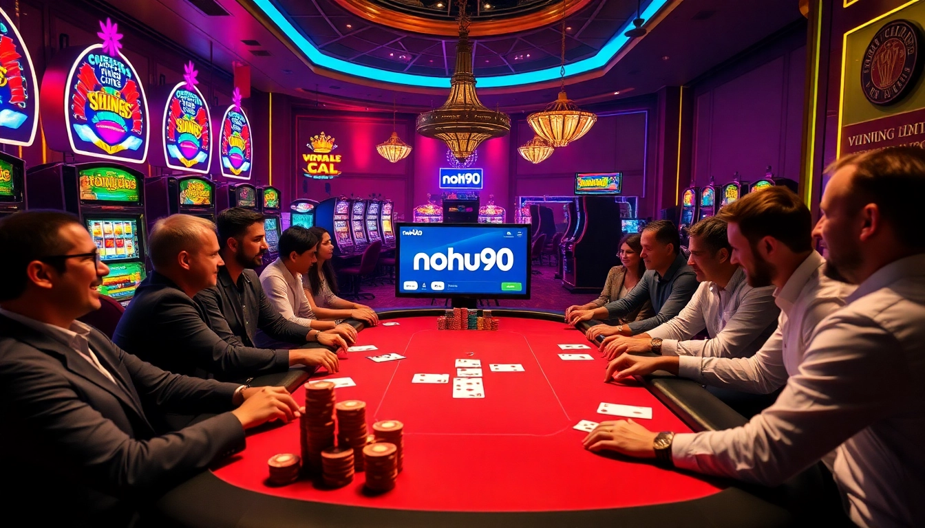 Players engaging in high-stakes poker at nohu90, surrounded by colorful slot machines and vibrant casino decor.
