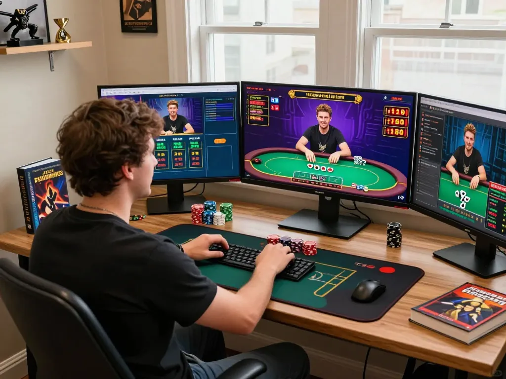 Player enjoying XX88 online poker session, engaging with live dealer on dual monitors, showcasing responsible gambling.