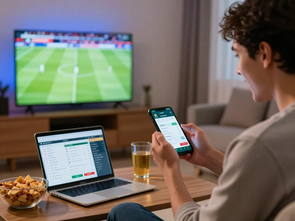 Engaging moment of a sports fan using kebet com mobile app to place live bets during a football game.