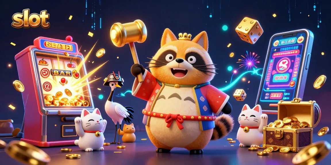Slot bertema kasino menampilkan tanuki ceria dengan simbol keberuntungan, mesin slot, dan kucing maneki-neko.