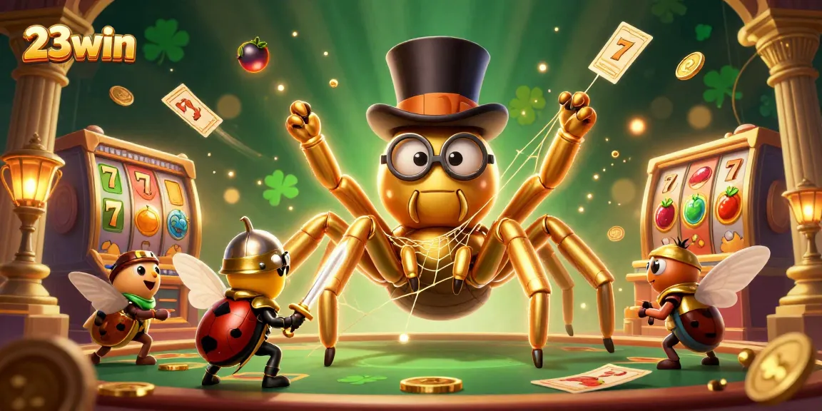 Experience thrilling gaming adventures with a vibrant 23win illustration showcasing a golden tarantula and colorful slot reels.