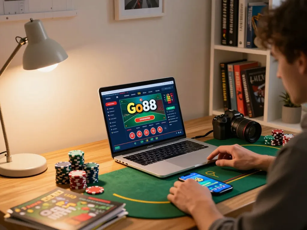 Engaging in online gaming at Go88, showcasing a cozy home setup with active betting interface and strategy notes