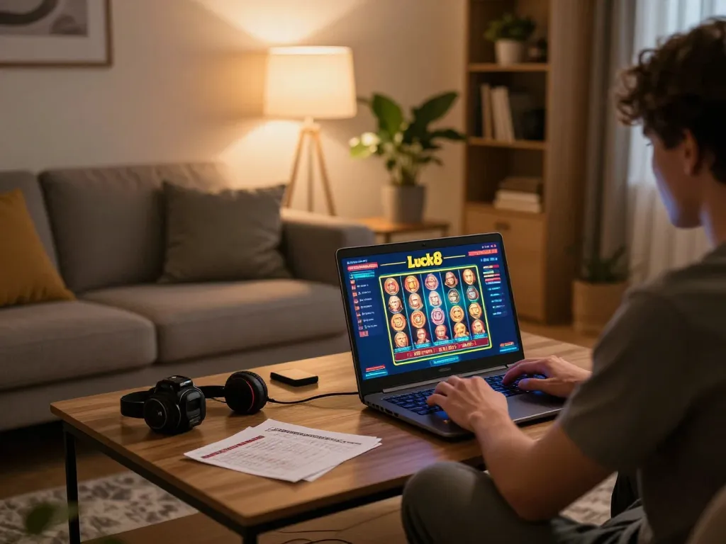 Experience thrilling gameplay on Luck8's online casino in a cozy home setting.