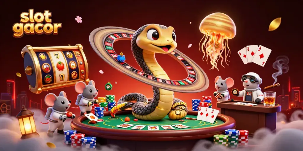 Experience slot gacor action with a vibrant cosmic casino scene featuring whimsical characters and dynamic gaming elements.