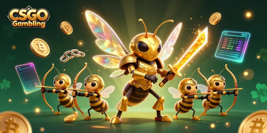 Engage in CSGO Gambling with a dynamic 3D illustration of a samurai hornet and bee archers surrounded by crypto coins.