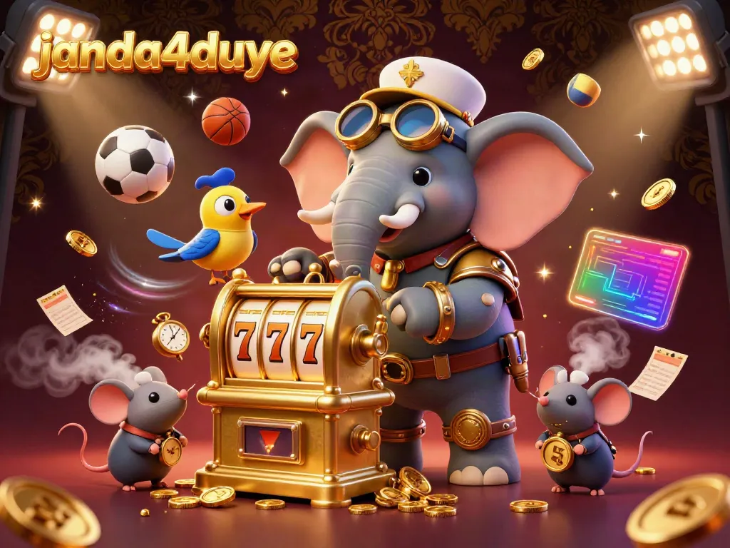 Permainan judi janda4duye dengan mesin slot berkilau bersama karakter unik dalam ilustrasi 3D.