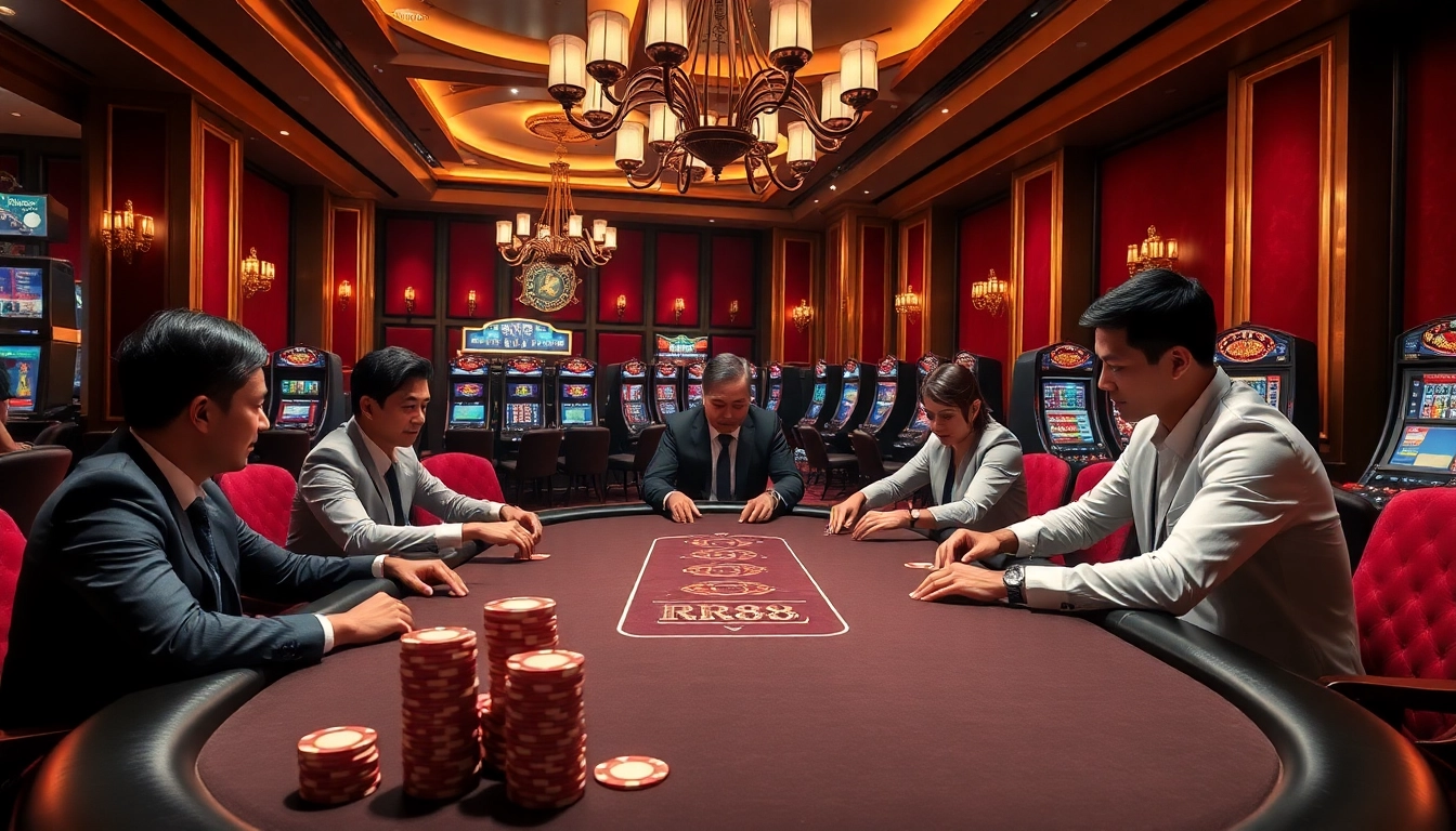 Experience high-stakes gambling at RR88 with luxurious casino visuals, poker tables, and vibrant slot machines.