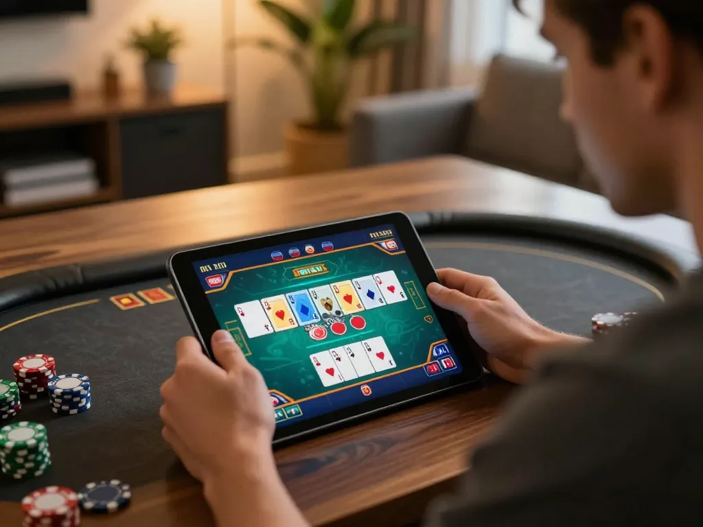Engaged player enjoying poker gameplay on hello88 tablet in cozy home setting