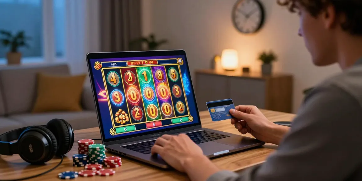 Exciting gaming moment at home with credit card casinos on https://being-there.org.uk featuring colorful slot game on laptop.